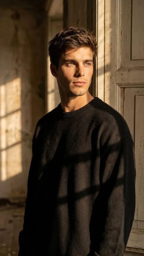A contemplative man standing beside a peeling plaster wall and vintage wooden doorway in soft directional light.