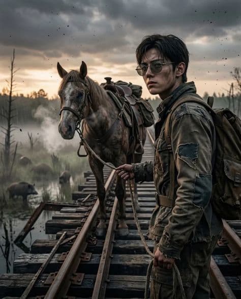 Rugged survivor leading a loaded pack horse across a rusted, decaying railway bridge over morning fog