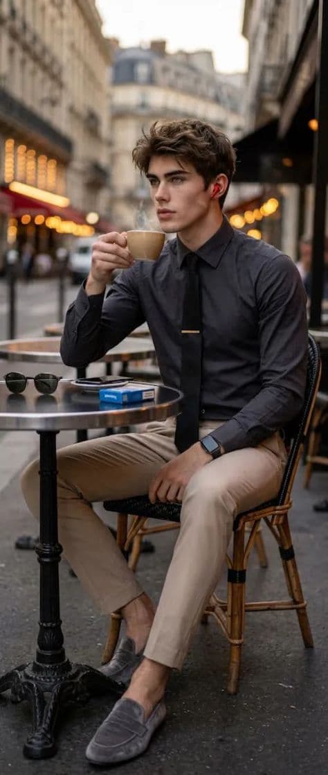 Man seated at a round marble French bistro table outside on a cobblestone street at dusk