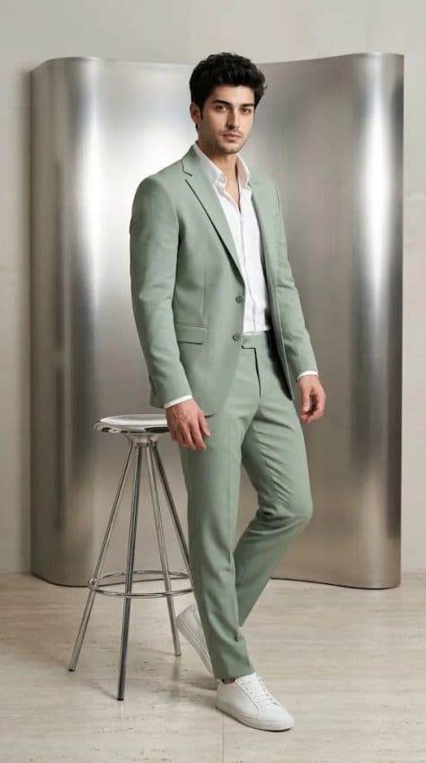 Fashion model in a structured wool overcoat standing against minimalist concrete planes