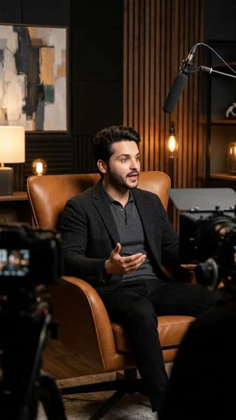 Engaged speaker in a charcoal knit sweater talking animatedly in a warm wooden podcast studio