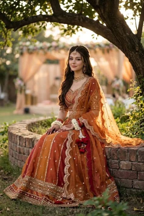 Elegant bride in an intricate lace gown seated on an antique brick wall in a sunset garden
