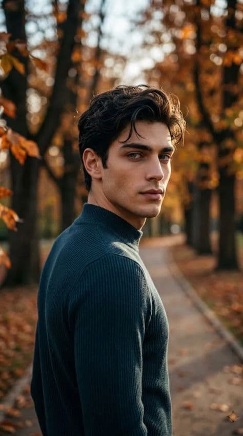 Stylish man looking over his shoulder amidst golden autumn foliage on a tree-lined walkway