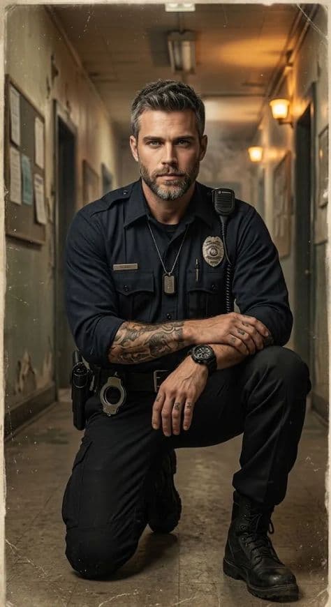 Rugged male police officer in tactical uniform crouching in a moody dimly lit corridor