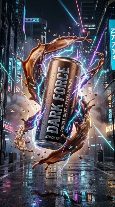 A beverage bottle exploding upward through a splash of dark coffee liquid and glowing electric neon plasma.