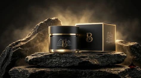 A black and gold luxury cosmetic cream jar resting on dark volcanic rock with a warm glowing backlight.