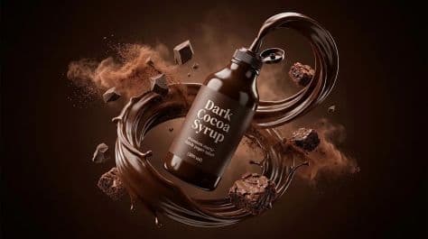 A bottle of dark chocolate syrup suspended in mid-air with dynamic swirling ribbons of glossy chocolate sauce.