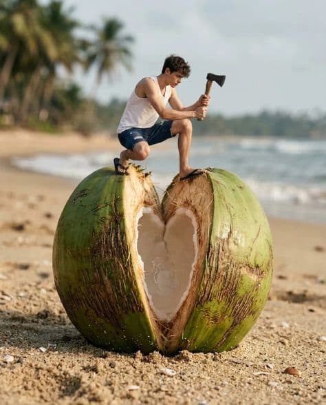A massive green coconut appearing boulder-sized on a sunny sandy tropical beach by ocean waves.