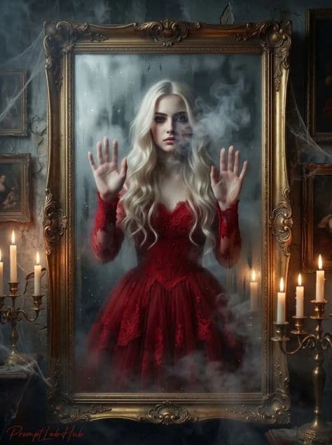 A blonde woman looking through a misted antique mirror with her hands pressed against the foggy glass at night.