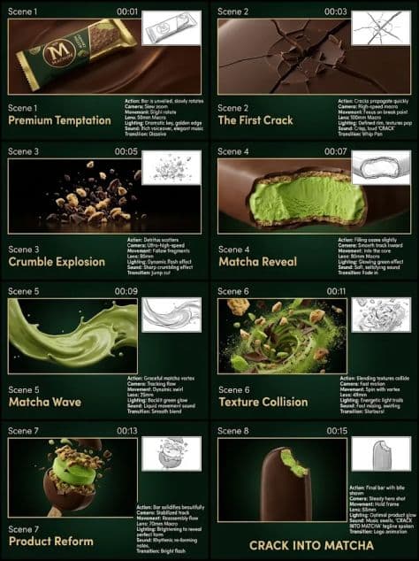 An agency-style storyboard grid showing eight numbered commercial scenes for a luxury matcha ice cream bar ad.