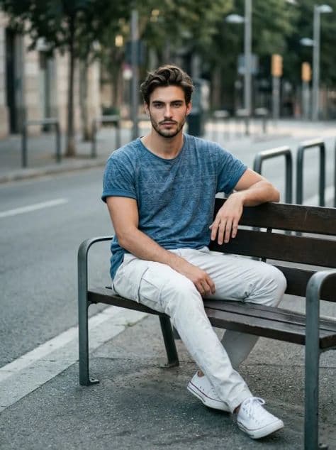 A relaxed man in casual streetwear sitting on an outdoor wooden bench along a clean urban avenue.