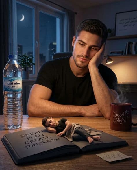 A man working at a computer desk at night while an identical tiny miniature version of himself stands nearby.