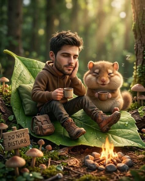 A finger-sized man sitting peacefully on a large green leaf covered in morning dew inside a misty forest.