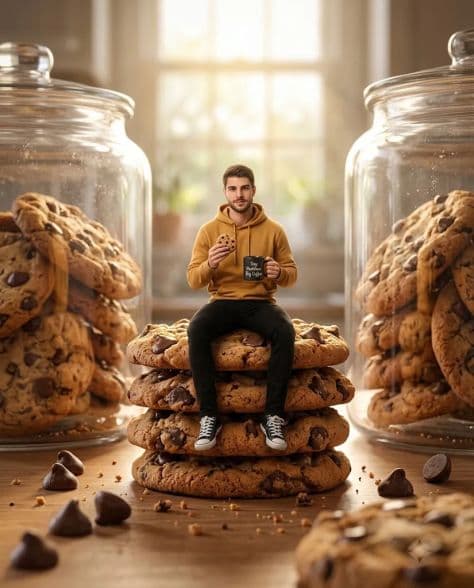 A finger-sized miniature man sitting casually on top of a stack of large chocolate chip cookies in a bakery.
