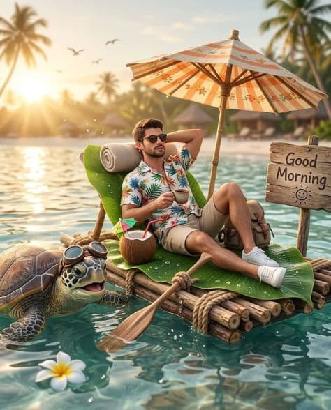 A miniature traveler resting on a small wooden raft on clear turquoise water during a tropical sunrise.