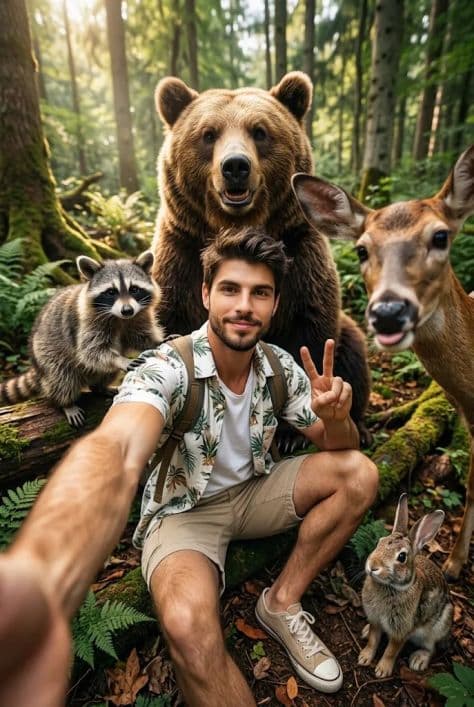 A happy traveler taking a close-up selfie in a lush forest with a bear, deer, raccoon, and rabbit gathered around.