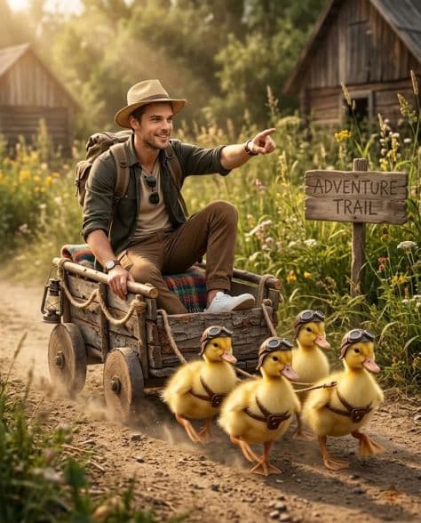 A miniature man in an explorer outfit riding a small wooden cart pulled by four ducklings wearing aviator goggles.