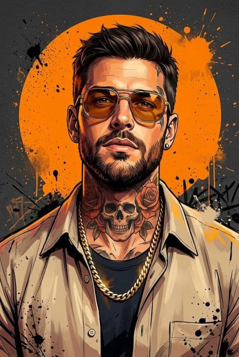 A confident tattooed man wearing amber sunglasses in front of an artistic bright orange paint splatter.