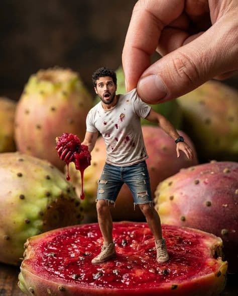 A giant hand lifting a tiny man who is holding a piece of juicy prickly pear fruit pulp.