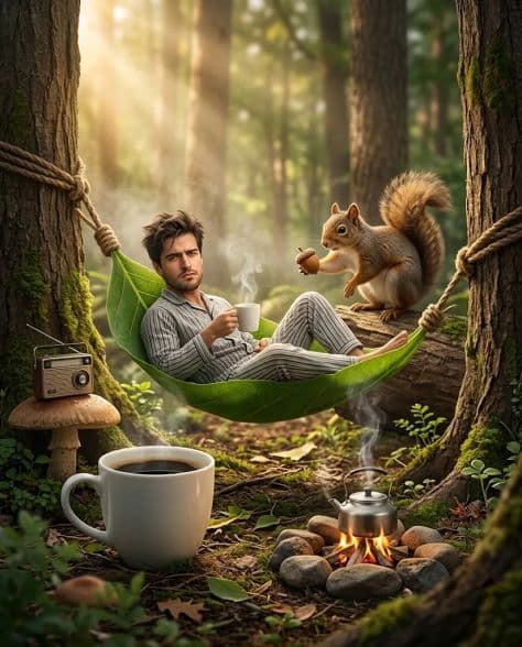 A man resting in a leaf hammock suspended between trees while a squirrel holds out an acorn at sunrise.