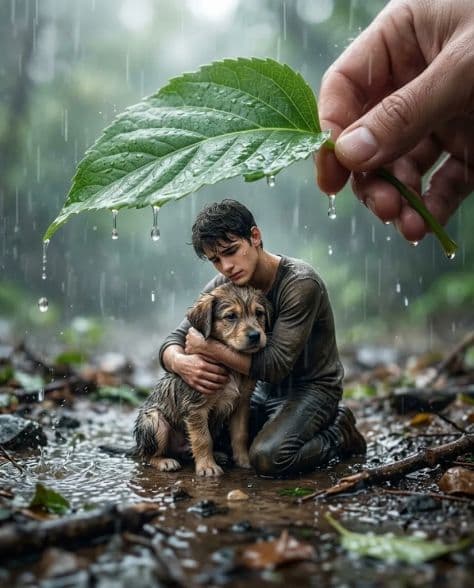 A tiny man hugging a wet puppy under a massive leaf held by a human hand during a rainy downpour.