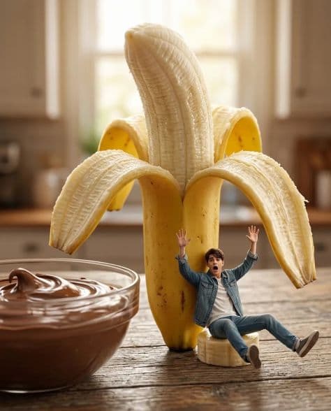 A miniature man with an expressive face seated on a banana slice next to an oversized upright peeled banana.