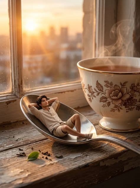 A tiny man lying relaxed inside a silver spoon beside a large ornate porcelain teacup on a window sill.