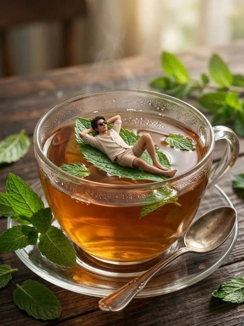 A miniature man relaxing on a floating green mint leaf inside a cup of warm tea with rising steam.