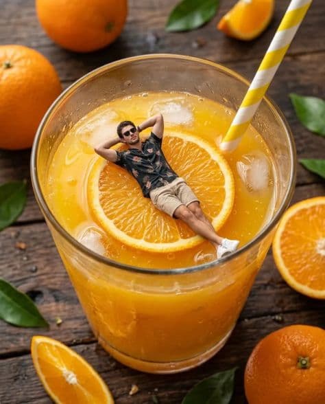 Top-down view of a tiny man relaxing on an orange slice floating inside a glass of fresh orange juice.