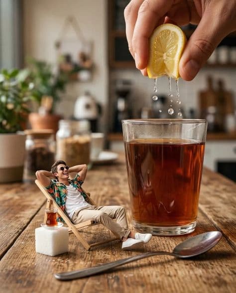 A finger-sized man relaxing on a miniature deck chair next to a huge glass of iced tea with lemon.