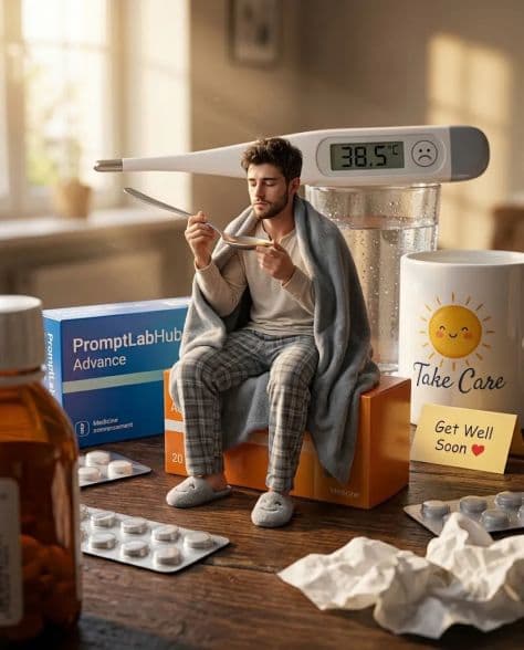 A tiny sick man sitting wearily on top of an oversized medicine box surrounded by pills.