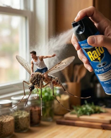 A tiny adventurer riding on the back of a flying mosquito through a sunlit forest.