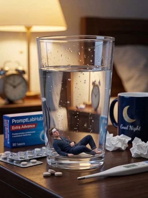 A tiny submerged miniature man resting on the bottom of a transparent glass filled with clear water.