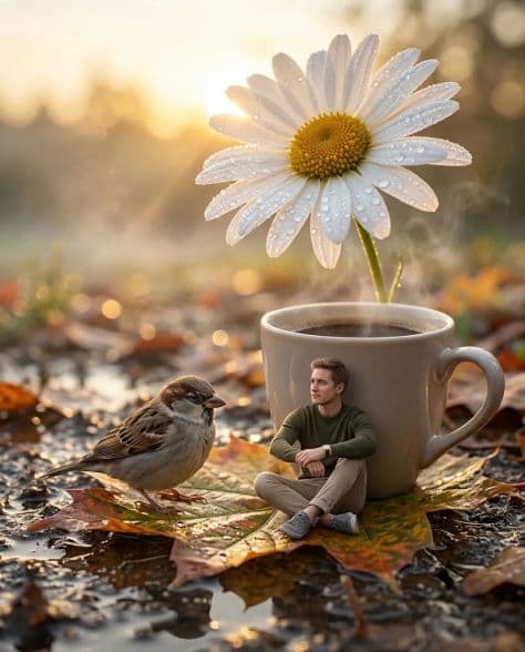 A finger-sized man sitting cross-legged on a large wet red autumn leaf covered in dew at golden hour.