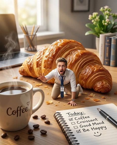 A tiny miniature man crawling to escape from beneath the rim of a gigantic glass of coffee on a wooden desk.