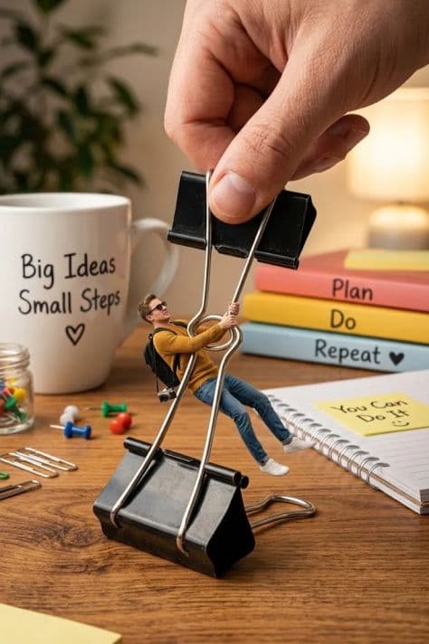 A finger-sized man hanging from the wire handle of a giant office binder clip held by a human hand.