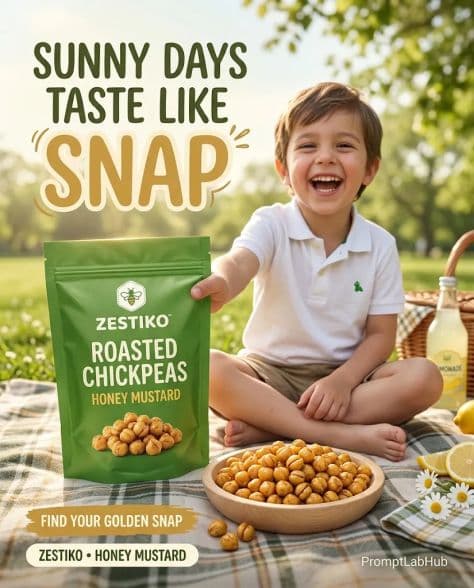 A green resealable pouch of roasted chickpeas standing on a white marble surface surrounded by loose crunchy snacks.