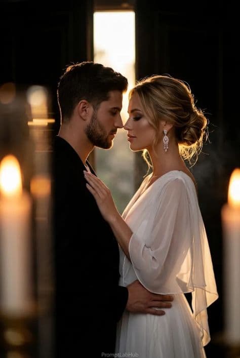 A bride and groom sharing a tender embrace inside an ancient stone doorway illuminated by warm sunset light.