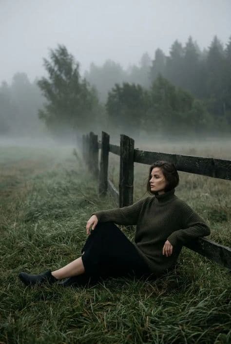 A woman in an oversized olive knitted sweater standing in an expansive misty meadow covered in soft fog.