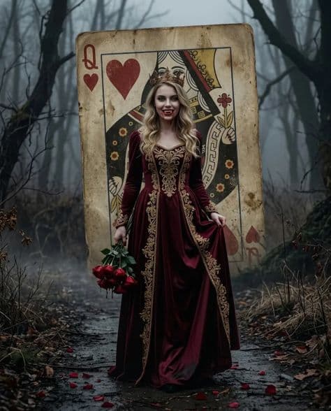 A woman holding a candlestick as she walks nervously toward an altar of candles in a ruined stone chapel.