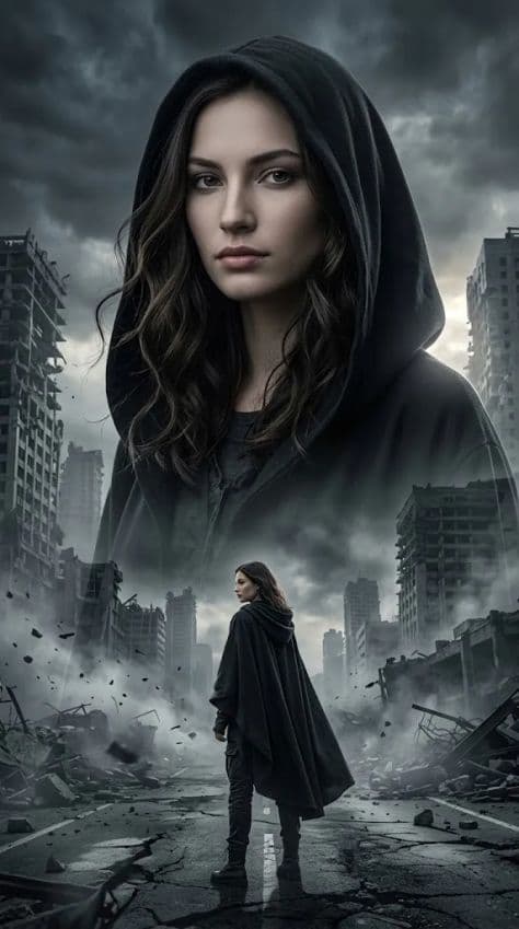 A graphic double-exposure poster merging the silhouette of a hooded figure with a dense cyberpunk city skyline.