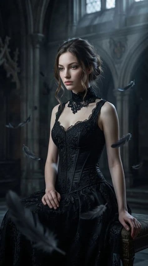 A woman in a black velvet dress sitting quietly in a medieval stone room beside an arched leaded-glass window.