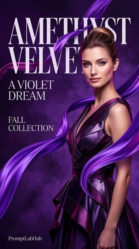 A fashion model in a flowing sculptural purple garment striking a dynamic pose against a solid violet background.