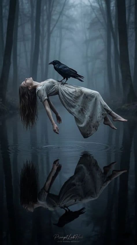 A woman floating horizontally in mid-air above the reflective dark waters of a foggy forest lake at dawn.