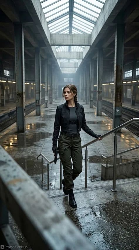 A woman in dark tactical outerwear descending an immense concrete brutalist staircase in an empty terminal.