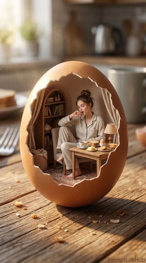 A tiny finger-sized woman waking up under a blanket inside a large cracked brown eggshell on a wooden table.