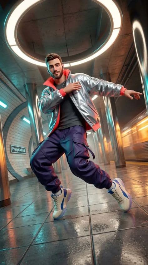 A stylized 3D dancer holding an acrobatic breakdance pose on a tiled futuristic subway platform with neon lights.
