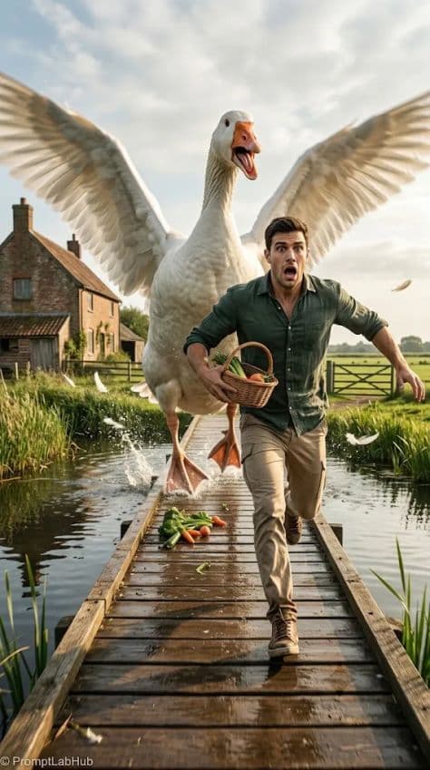 A terrified man running across a narrow wooden bridge while being pursued by a giant furious white goose.
