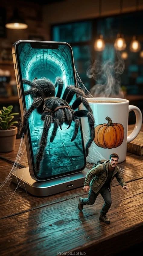 A tiny sinister fantasy creature peering outward from the illuminated screen of a smartphone on a wooden counter.