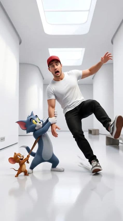 A stylized 3D animated man in a red cap running away comically from a fluffy cartoon creature on a path.